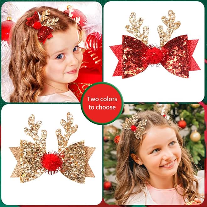 Christmas Hair Clips Glitter Christmas Antler Hairpins Cute Christmas Bow Hair Clips Gold Red Christmas Reindeer Antlers Headband Hairpins Elk Bow Hair Accessories for Women Girls Party Costume 4PCS - Image 2
