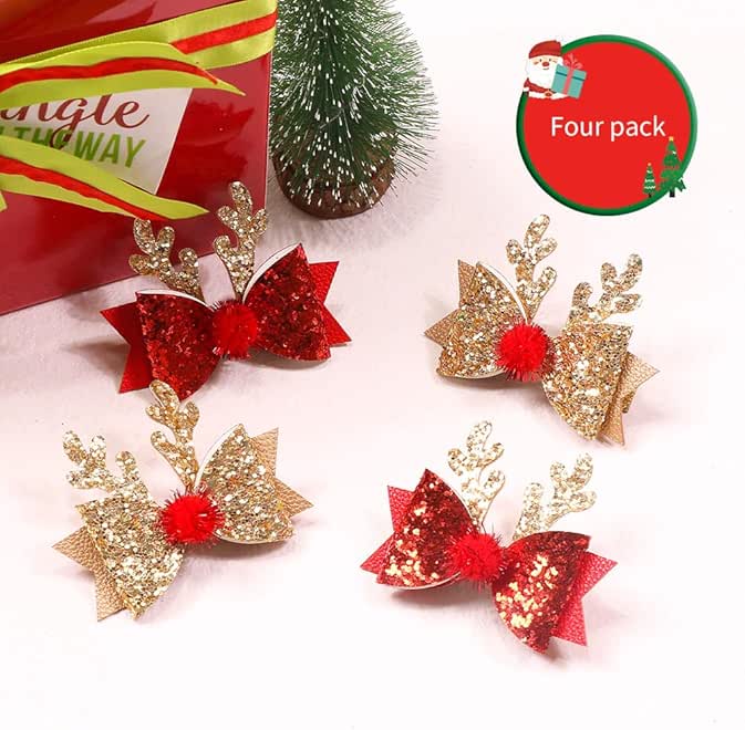 Christmas Hair Clips Glitter Christmas Antler Hairpins Cute Christmas Bow Hair Clips Gold Red Christmas Reindeer Antlers Headband Hairpins Elk Bow Hair Accessories for Women Girls Party Costume 4PCS - Image 3