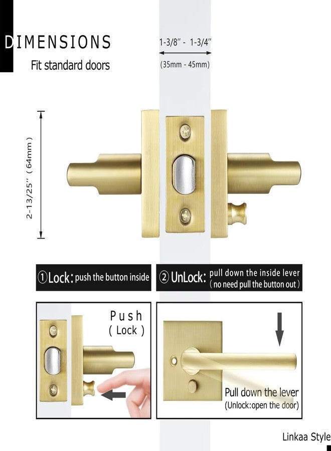 Linkaa Brushed Gold Interior Door Lever (Heavy Duty Zinc Alloy,Satin Brass Door Handles Lever with Push Lock, Keyless Lock Interior for Bedroom Bathroom（Privacy，Brass Gold，3 Pack） - Image 3
