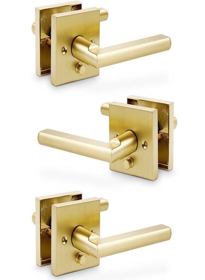Linkaa Brushed Gold Interior Door Lever (Heavy Duty Zinc Alloy,Satin Brass Door Handles Lever with Push Lock, Keyless Lock Interior for Bedroom Bathroom（Privacy，Brass Gold，3 Pack） - Image 1