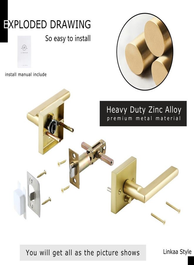 Linkaa Brushed Gold Interior Door Lever (Heavy Duty Zinc Alloy,Satin Brass Door Handles Lever with Push Lock, Keyless Lock Interior for Bedroom Bathroom（Privacy，Brass Gold，3 Pack） - Image 4