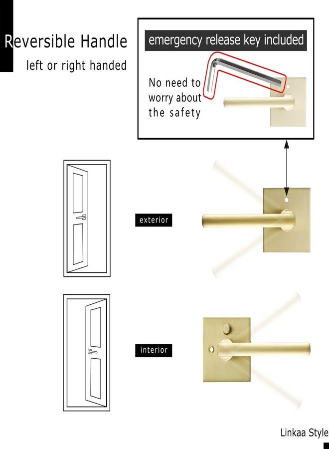 Linkaa Brushed Gold Interior Door Lever (Heavy Duty Zinc Alloy,Satin Brass Door Handles Lever with Push Lock, Keyless Lock Interior for Bedroom Bathroom（Privacy，Brass Gold，3 Pack） - Image 5