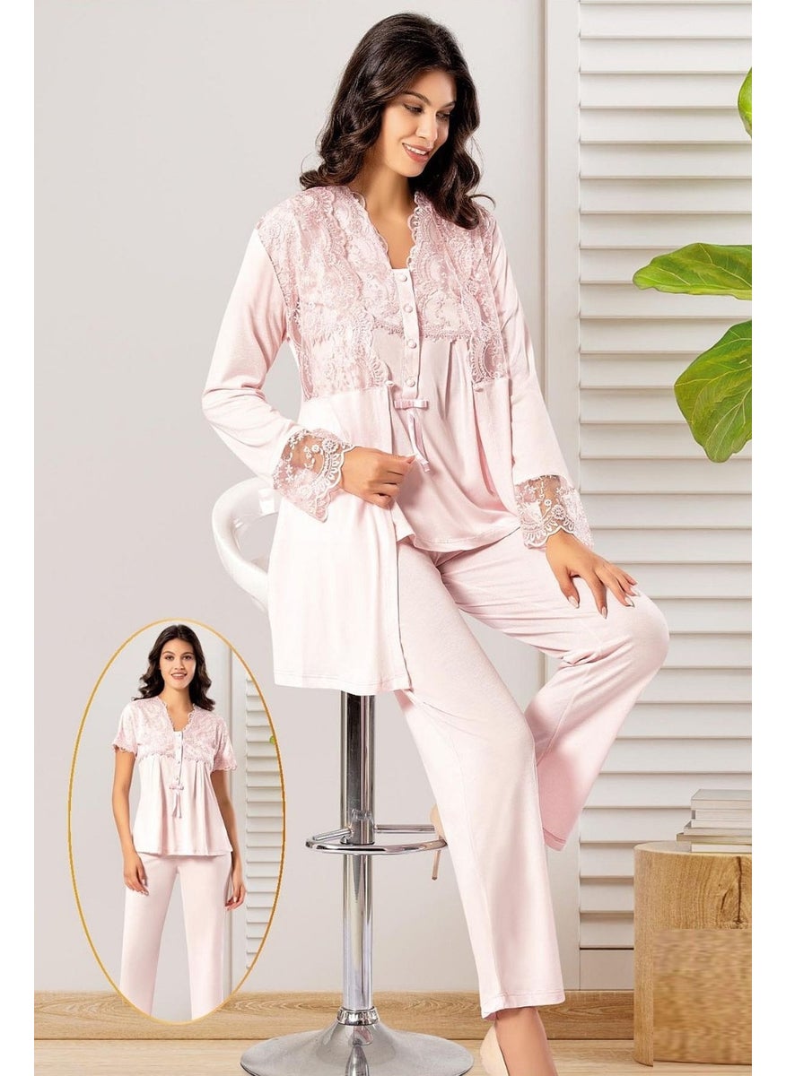 X Ses - Xses 4300 Women's Maternity and Postpartum Dressing Gown Pajama Set-Powder - Image 1