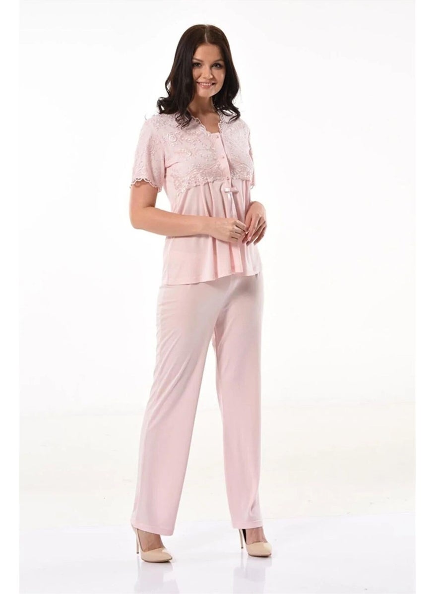 X Ses - Xses 4300 Women's Maternity and Postpartum Dressing Gown Pajama Set-Powder - Image 1
