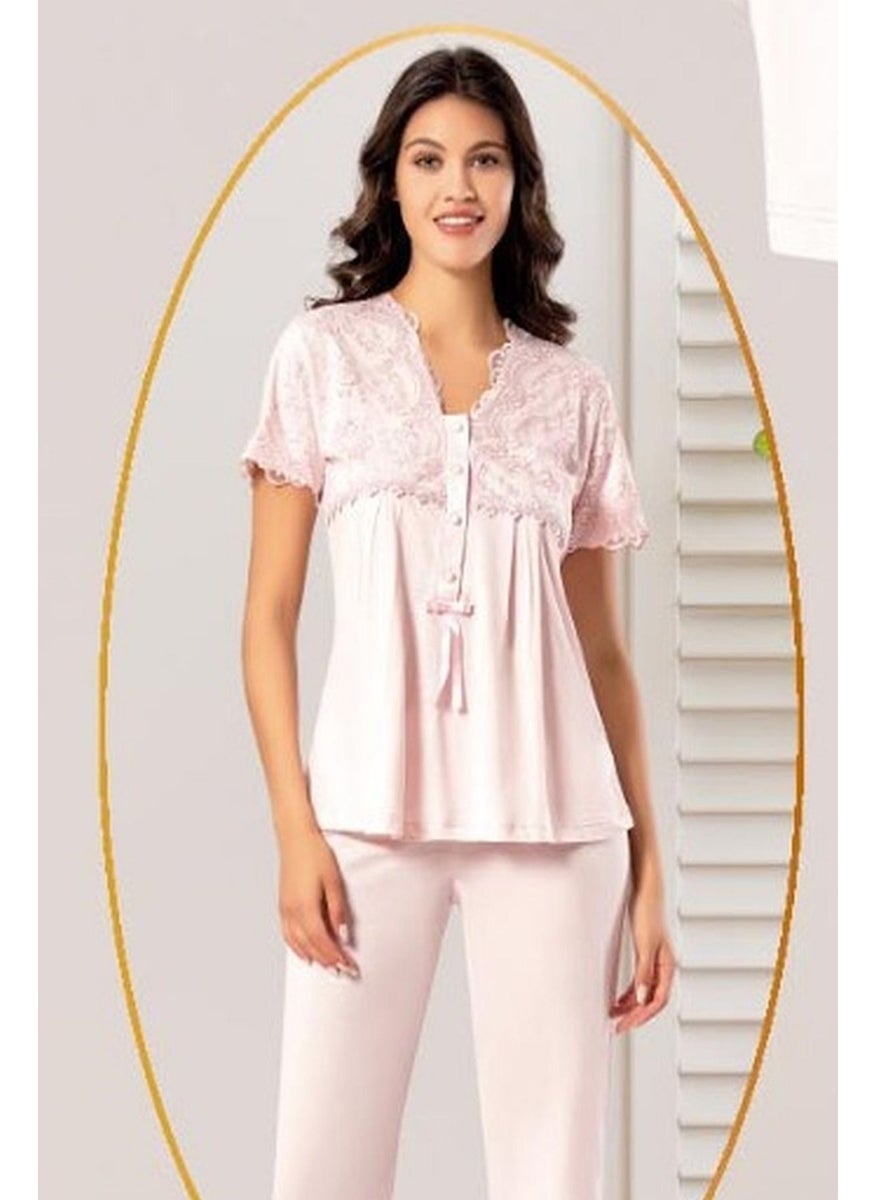 X Ses - Xses 4300 Women's Maternity and Postpartum Dressing Gown Pajama Set-Powder - Image 1