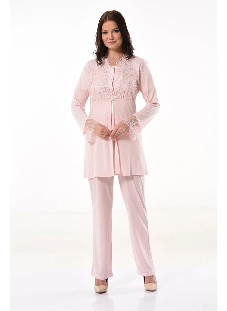 X Ses - Xses 4300 Women's Maternity and Postpartum Dressing Gown Pajama Set-Powder - Image 1