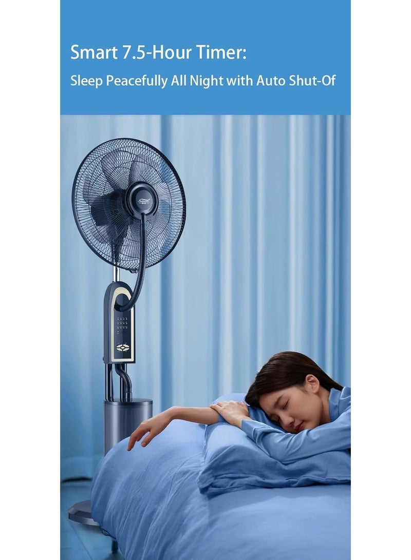 Oscillating Pedestal Misting Fan with Remote Control – 3-Speed High-Power Cooling Fan for Indoor & Outdoor Use, 5L Water Tank, 7.5H Timer, Energy-Efficient Copper Motor, Mist & Humidifier Function, Durable Metal Design – Covers 20㎡, Low Noise