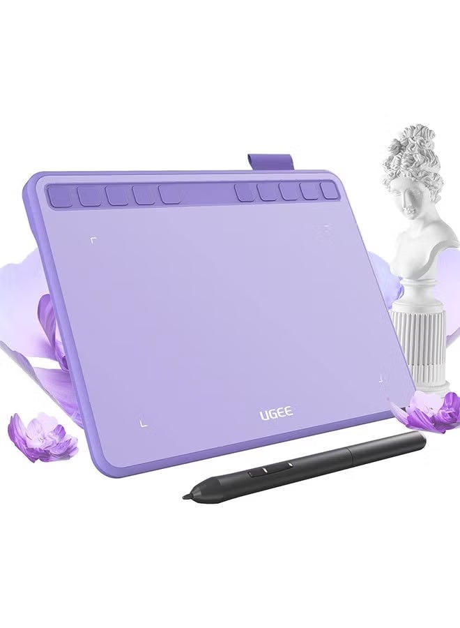 يو جيي جهاز لوحي للرسم من Ugee، مقاس 6.3×4 بوصات، مزود بـ 10 مفاتيح تشغيل سريعة، وقلم رقمي بدون بطارية، وحساسية ضغط 8192، ووظيفة إمالة 60 درجة، ولوحة رسم لأجهزة الكمبيوتر الشخصية، وأجهزة Mac، وأجهزة Windows، وأجهزة Android - لون أرجواني - Image 1
