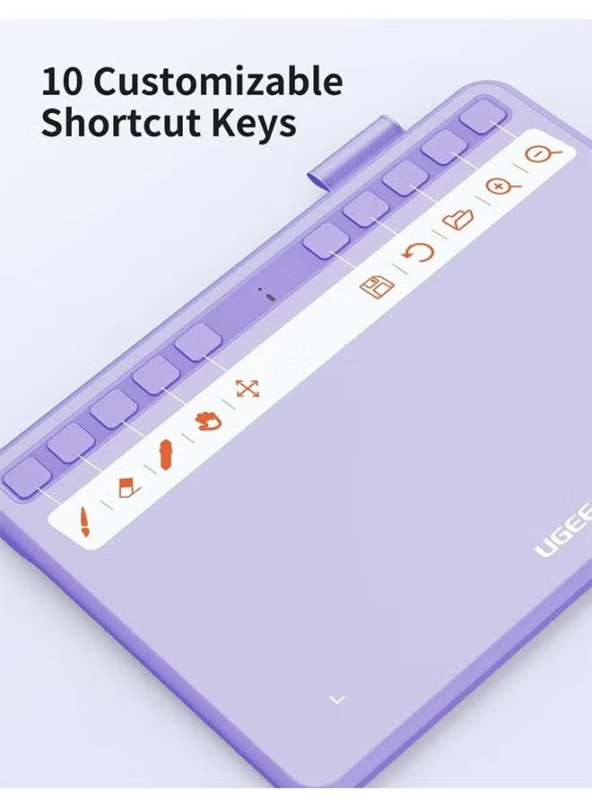يو جيي جهاز لوحي للرسم من Ugee، مقاس 6.3×4 بوصات، مزود بـ 10 مفاتيح تشغيل سريعة، وقلم رقمي بدون بطارية، وحساسية ضغط 8192، ووظيفة إمالة 60 درجة، ولوحة رسم لأجهزة الكمبيوتر الشخصية، وأجهزة Mac، وأجهزة Windows، وأجهزة Android - لون أرجواني - Image 3