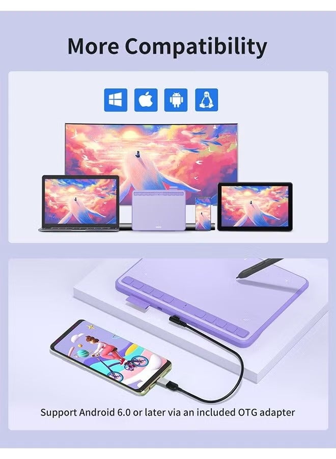 يو جيي جهاز لوحي للرسم من Ugee، مقاس 6.3×4 بوصات، مزود بـ 10 مفاتيح تشغيل سريعة، وقلم رقمي بدون بطارية، وحساسية ضغط 8192، ووظيفة إمالة 60 درجة، ولوحة رسم لأجهزة الكمبيوتر الشخصية، وأجهزة Mac، وأجهزة Windows، وأجهزة Android - لون أرجواني - Image 5