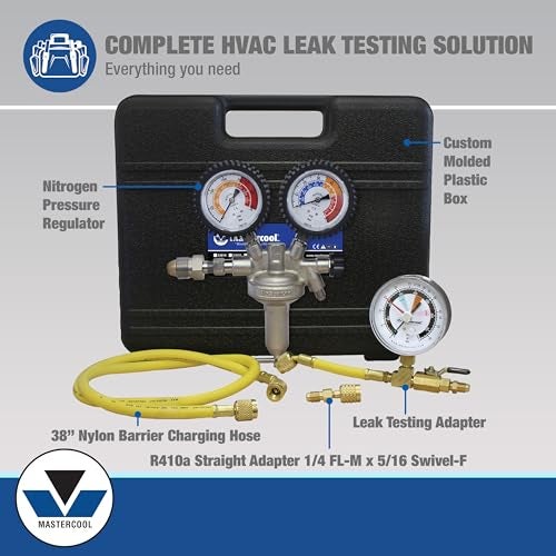 MASTERCOOL مجموعة اختبار ضغط HVAC Mastercool 53010 | تشمل منظم ضغط النيتروجين، خرطوم الشحن، محول اختبار التسرب، محول R410A، صندوق بلاستيكي مصبوب | احترافي لاختبار التسرب - Image 2
