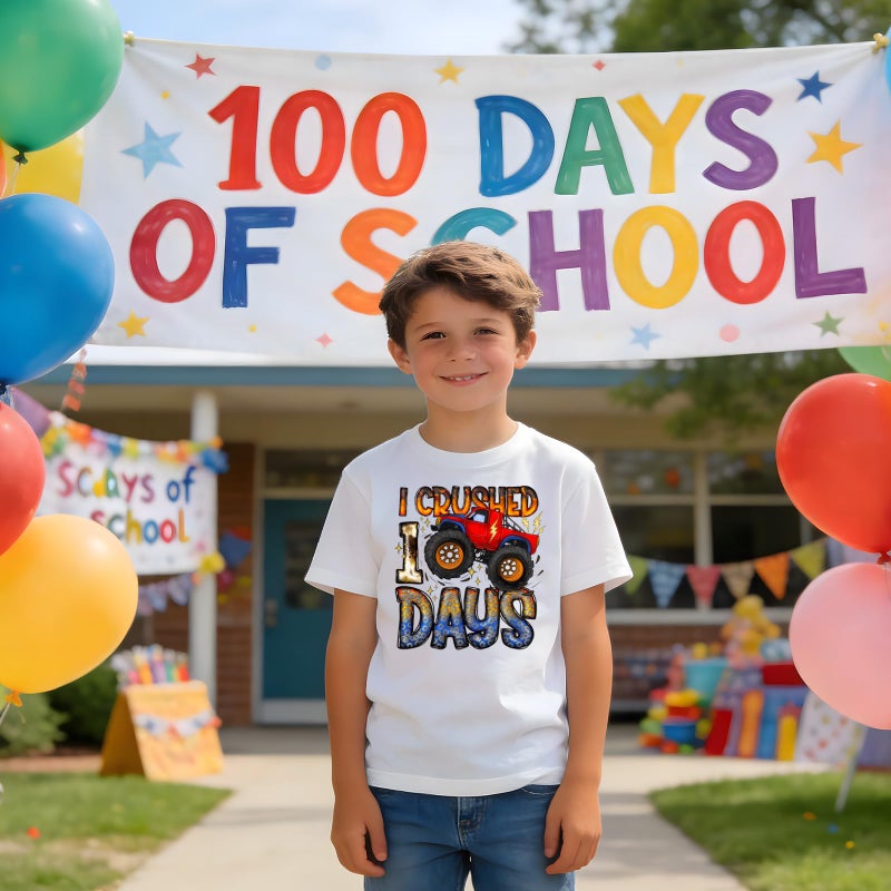 YWAGK 100 Days of School Shirt Kids Boys 100th Day of School T-Shirt Toddler Funny Monster Truck Tee White (6-7 Years) - Image 2