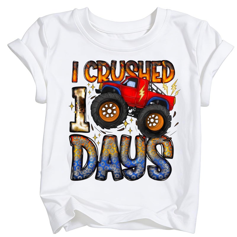 YWAGK 100 Days of School Shirt Kids Boys 100th Day of School T-Shirt Toddler Funny Monster Truck Tee White (6-7 Years) - Image 1
