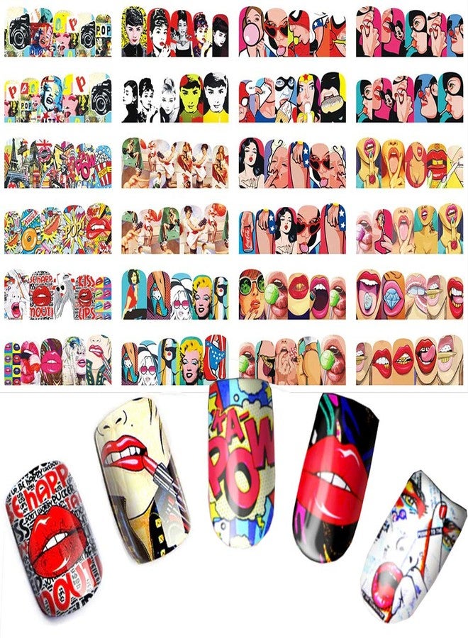Towenm 12 Sheets Nail Art Stickers Water Transfer Nail Decals for Nail Art, Trendy Marvel Nail Wraps, Sexy Lip Pop Star Nail Decals, Manicure Nail Wraps, Red Kiss Lips Sexy Girl Pattern Nail Sticker - 120 Patterns - Image 1