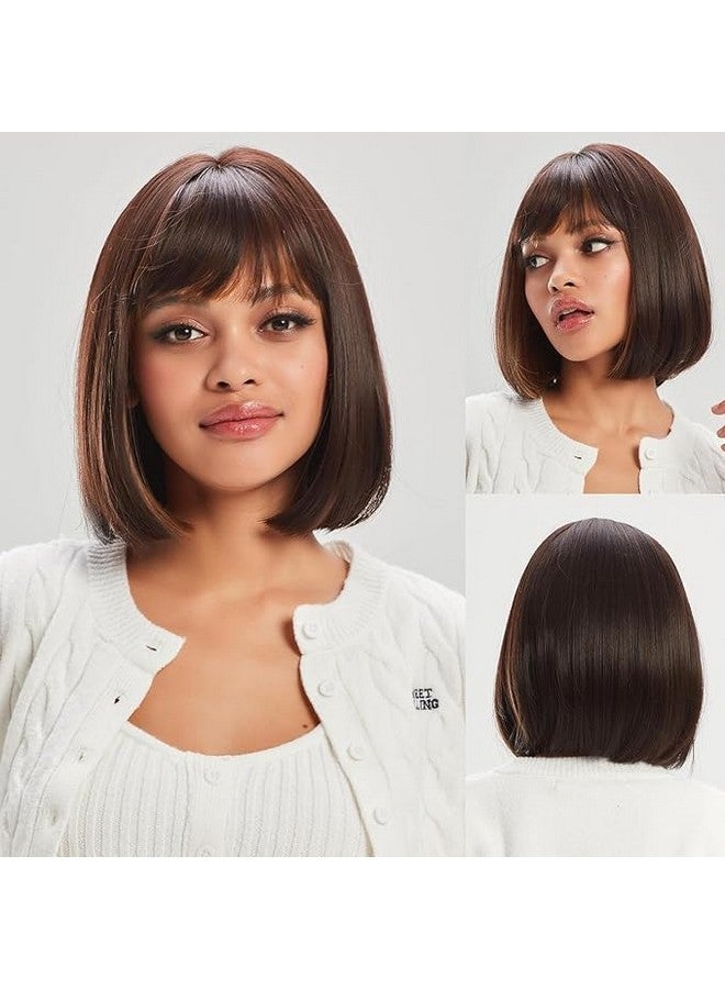 Thrift Bazaar Short Bob Wigs for Women,Dark Brown mixed Blonde Highlight Bob Wig with Bangs,Yaki Straight Shoulder Length Synthetic Wig for Daily Use 12 Inches (Brown With Highlights) - Image 1