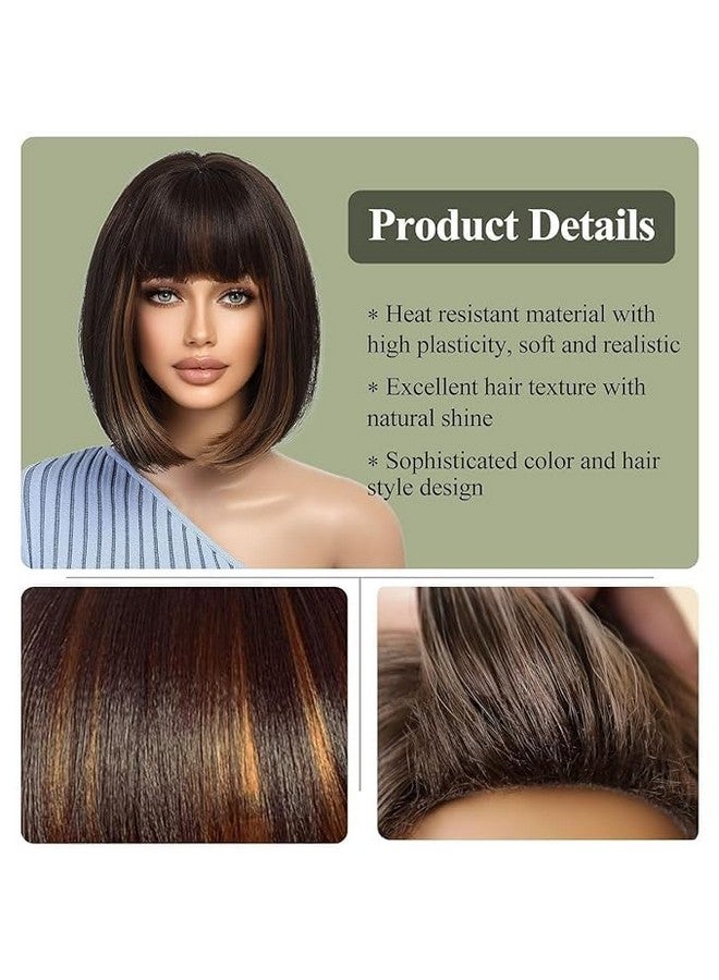 Thrift Bazaar Short Bob Wigs for Women,Dark Brown mixed Blonde Highlight Bob Wig with Bangs,Yaki Straight Shoulder Length Synthetic Wig for Daily Use 12 Inches (Brown With Highlights) - Image 3