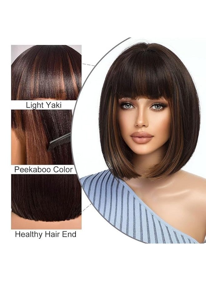 Thrift Bazaar Short Bob Wigs for Women,Dark Brown mixed Blonde Highlight Bob Wig with Bangs,Yaki Straight Shoulder Length Synthetic Wig for Daily Use 12 Inches (Brown With Highlights) - Image 2