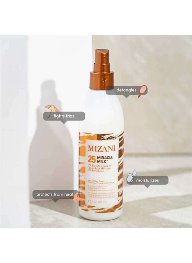 Mizani مستحضر ميساني 25 فائدة حليب المعجزة بلسم بدون شطف | واقي حراري ورذاذ لفك التشابك | مُركب بزيت جوز الهند | للشعر المجعد والمجعد | 8.5 أونصة سائلة - Image 2