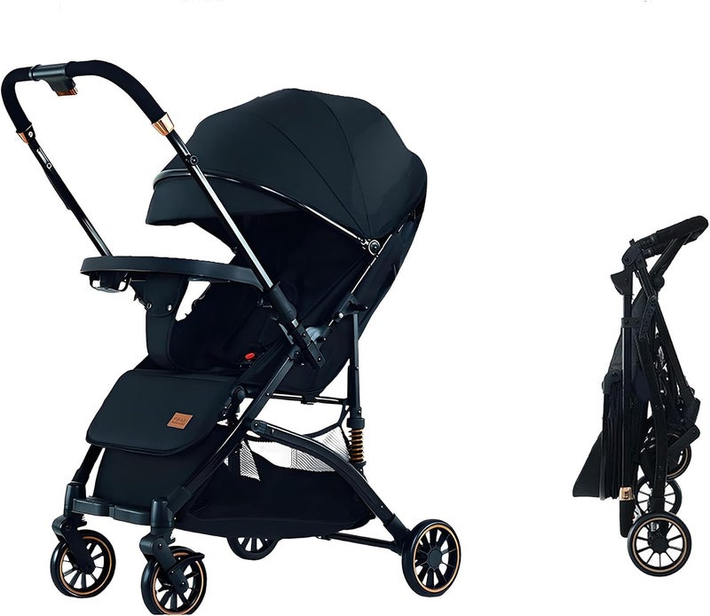 HotsUAE Reversible Lightweight Baby Stroller, Foldable Baby Stroller, 0-3 Year Old Baby Travel Stroller, with Storage Basket, Four-Wheel Suspension, 5-Point Seat Belt, Black (Black（two-way ）) - Image 1