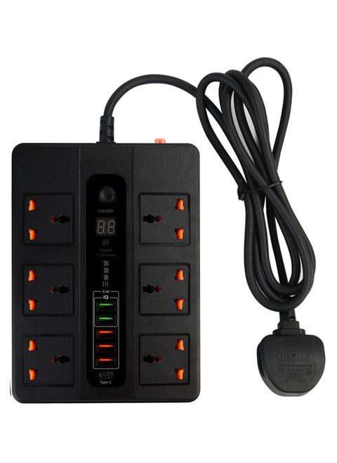 Exotic Multi-Port Super Extension 5 USB-A/ 1 USB-C Ultimate Home & Office Kit, 24W USB-A Quick Charge, 3000W AC Output, Power Button & Timer, 2M Power Cord with Over-Heat Protection 36W PD - Black
