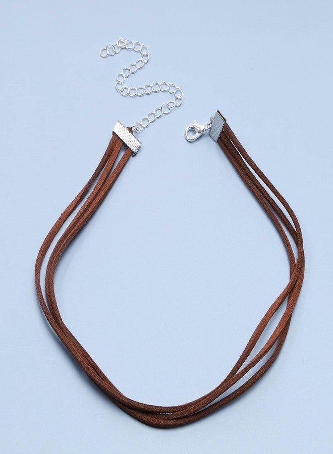 Yheakne Boho Layered Leather Choker Necklace Brown Suede Choker Necklace Short Velvet Necklaces Punk Vintage Necklace Jewelry for Women (Brown) - Image 3