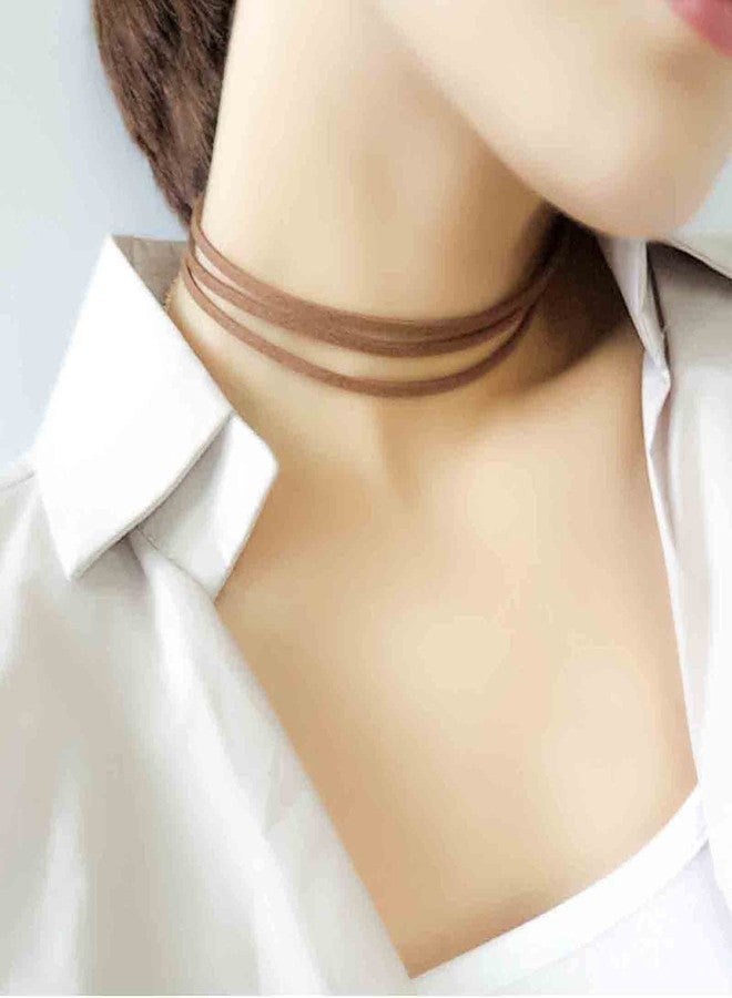Yheakne Boho Layered Leather Choker Necklace Brown Suede Choker Necklace Short Velvet Necklaces Punk Vintage Necklace Jewelry for Women (Brown) - Image 2