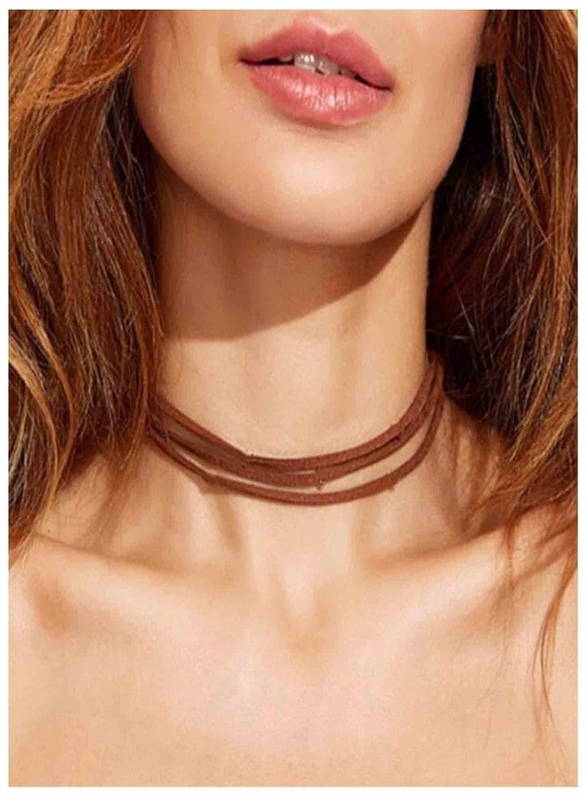Yheakne Boho Layered Leather Choker Necklace Brown Suede Choker Necklace Short Velvet Necklaces Punk Vintage Necklace Jewelry for Women (Brown) - Image 1
