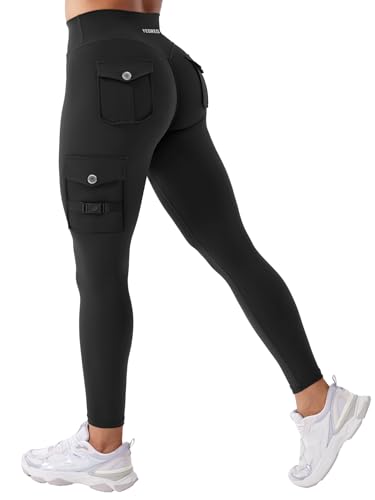 YEOREO CoreFlex Gym Workout Cargo Leggings with Pockets for Women Hidden Scrunch Butt Lifting Yoga Leggings Black L - Image 1
