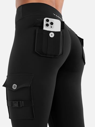 YEOREO CoreFlex Gym Workout Cargo Leggings with Pockets for Women Hidden Scrunch Butt Lifting Yoga Leggings Black L - Image 2