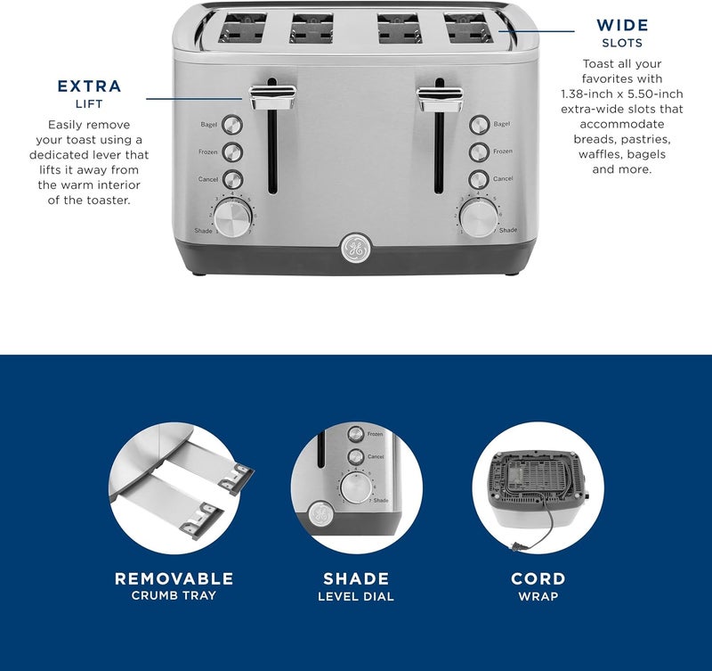 GE Stainless Steel 4 Slice Toaster | Extra Wide Slots for Bagels, Breads, Waffles & More | 7 Shade Options | Countertop Kitchen Essentials | 1500 watt - Image 3