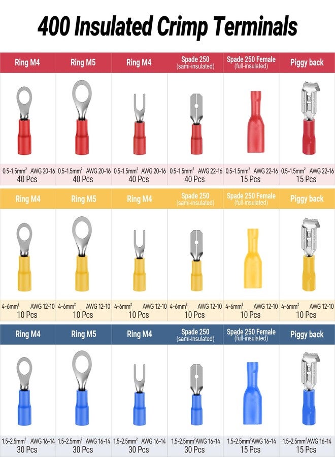 Preciva Crimping Tool Kit for Insulated Wire Connectors, AWG20-10 Ratcheting Wire Terminal Crimper with 400Pcs Insulated Connectors - Image 4