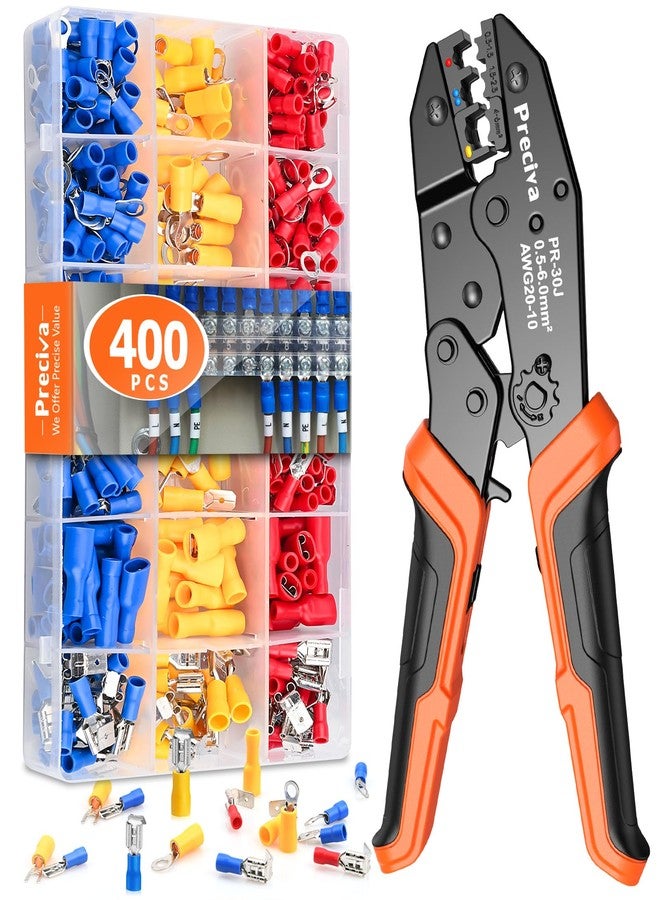 Preciva Crimping Tool Kit for Insulated Wire Connectors, AWG20-10 Ratcheting Wire Terminal Crimper with 400Pcs Insulated Connectors - Image 1