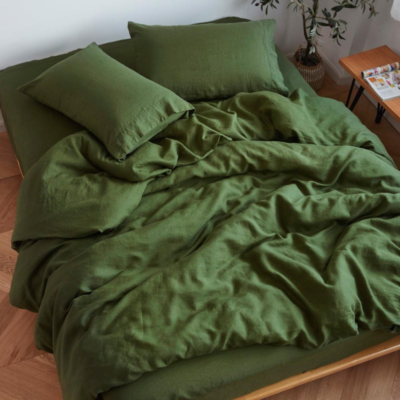 Sijo Stone Washed Organic French Linen Bed Sheet Set GOTS Certified Organic Best Cooling Linen Sheet Award by Sleep Foundation 4 Piece 2 Pillowcases 1 Fitted and 1 Flat Forest King