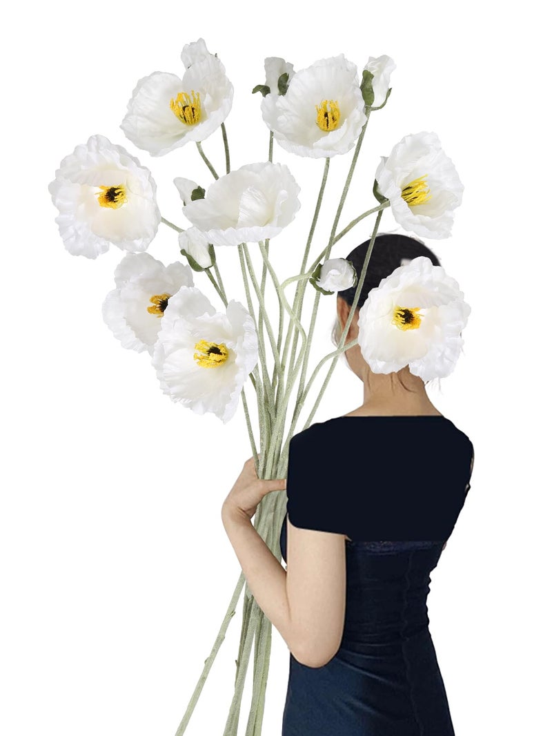 Fqueelvys Poppy Flowers Artificial,6PCS Faux White Poppies 41.3in Long Stem Artificial Flowers for Tall Vase Wedding Party Office Decor(White) - Image 1