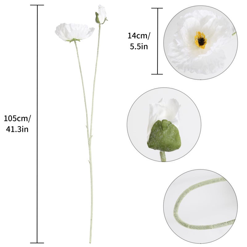 Fqueelvys Poppy Flowers Artificial,6PCS Faux White Poppies 41.3in Long Stem Artificial Flowers for Tall Vase Wedding Party Office Decor(White) - Image 2