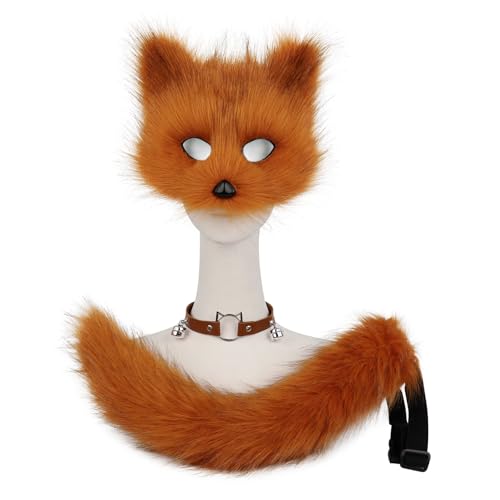 hbbhml Faux Fur Fox Mask Wolf Cat Fluffy Tail and Leather Necklace Set Halloween Party Costume Accessory - Image 2