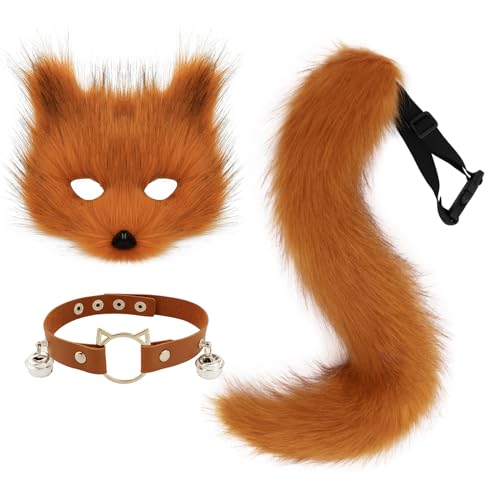 hbbhml Faux Fur Fox Mask Wolf Cat Fluffy Tail and Leather Necklace Set Halloween Party Costume Accessory - Image 1