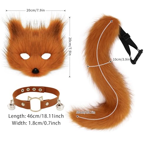 hbbhml Faux Fur Fox Mask Wolf Cat Fluffy Tail and Leather Necklace Set Halloween Party Costume Accessory - Image 3