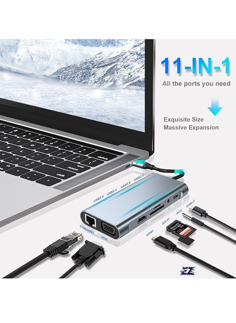 ELTRAZONE محور USB C 11 في 1 مع HDMI 4K، VGA، USB 3.0، إيثرنت، قارئات بطاقات SD/TF – وسع اتصالك لجهاز MacBook Pro، MacBook Air وأجهزة Type C الأخرى – محطة إرساء نهائية - Image 1