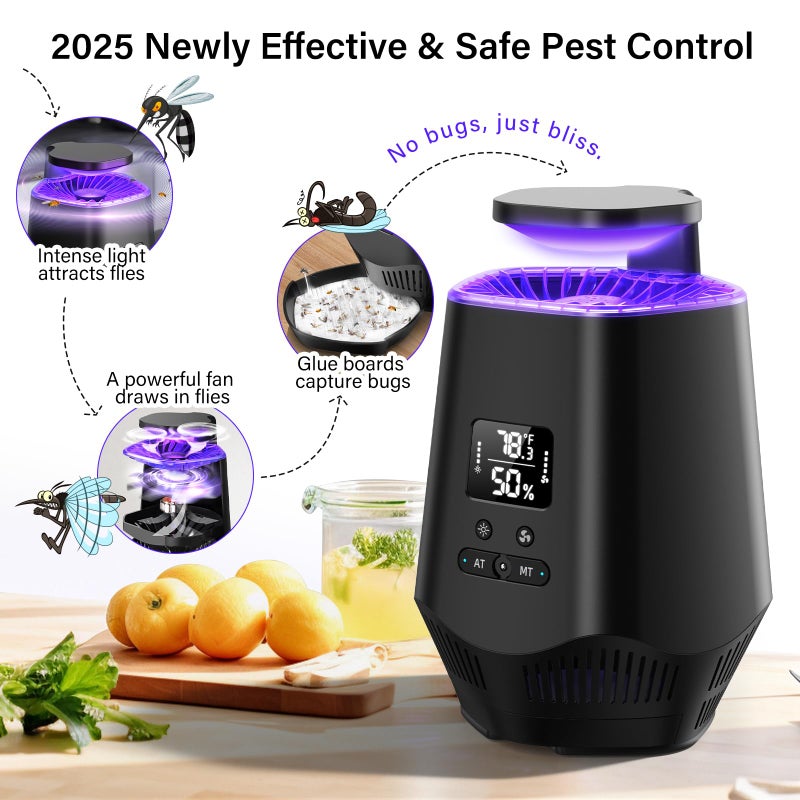 Fooxem Fruit Fly Traps for Indoors, Smart Fly Trap Indoor Bug Zapper Gnat Traps for House Indoor with Temperature and Humidity Sensor, 10PCS Sticky Boards Black 01 - Image 2