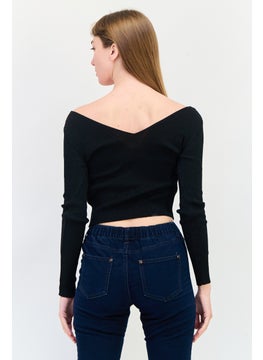 DeFacto Women V-Neck Metallic Sweater, Black  - Image 3