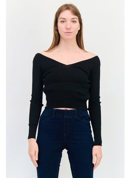 DeFacto Women V-Neck Metallic Sweater, Black  - Image 1