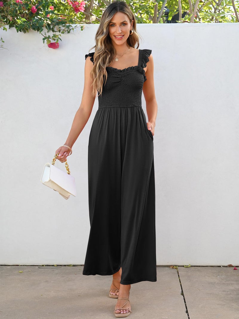 Caracilia Womens Jumpsuit Sleeveless Casual Dressy Smocked Wide Leg Rompers Summer Vacation Jumpers with Pockets 2026 Outfits Black Small - Image 3