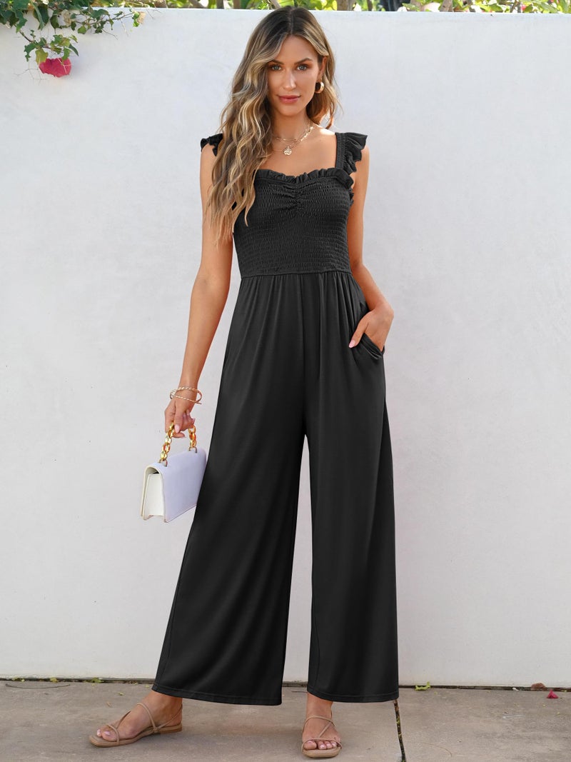 Caracilia Womens Jumpsuit Sleeveless Casual Dressy Smocked Wide Leg Rompers Summer Vacation Jumpers with Pockets 2026 Outfits Black Small - Image 2