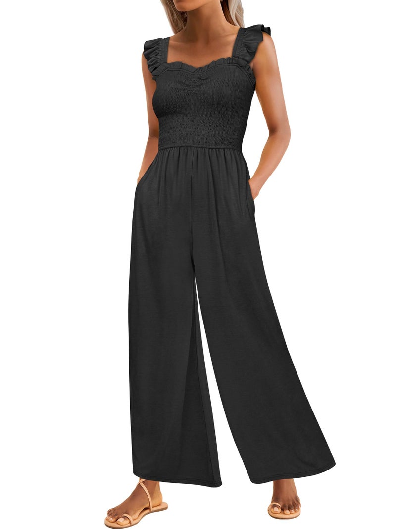 Caracilia Womens Jumpsuit Sleeveless Casual Dressy Smocked Wide Leg Rompers Summer Vacation Jumpers with Pockets 2026 Outfits Black Small - Image 1