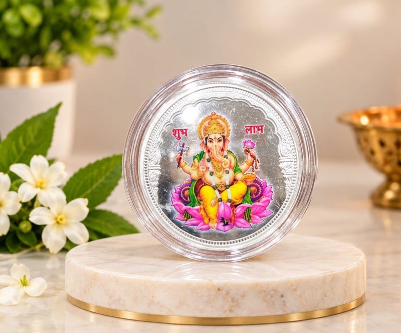 KHUSHBOO JEWELS 5G 999 FINE PURE SILVER  GANESHA  COLOURED COIN - Image 1