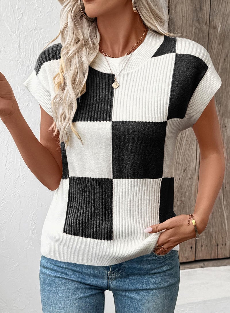 EVALESS Sweaters for Women Crew Neck Short Sleeve Color Block Knit Tops 2026 Fall Fashion Lightweight Sweater Vest Women's Work Casual Cute Going Out Clothing Black Large - Image 2