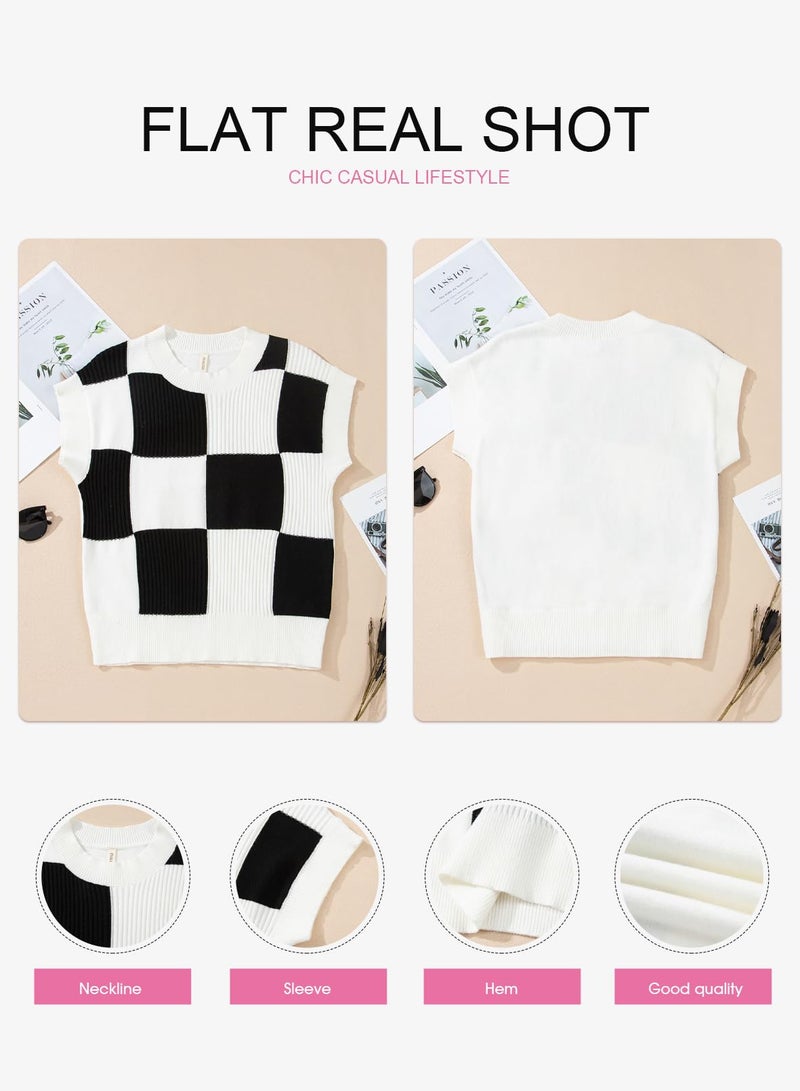 EVALESS Sweaters for Women Crew Neck Short Sleeve Color Block Knit Tops 2026 Fall Fashion Lightweight Sweater Vest Women's Work Casual Cute Going Out Clothing Black Large - Image 5