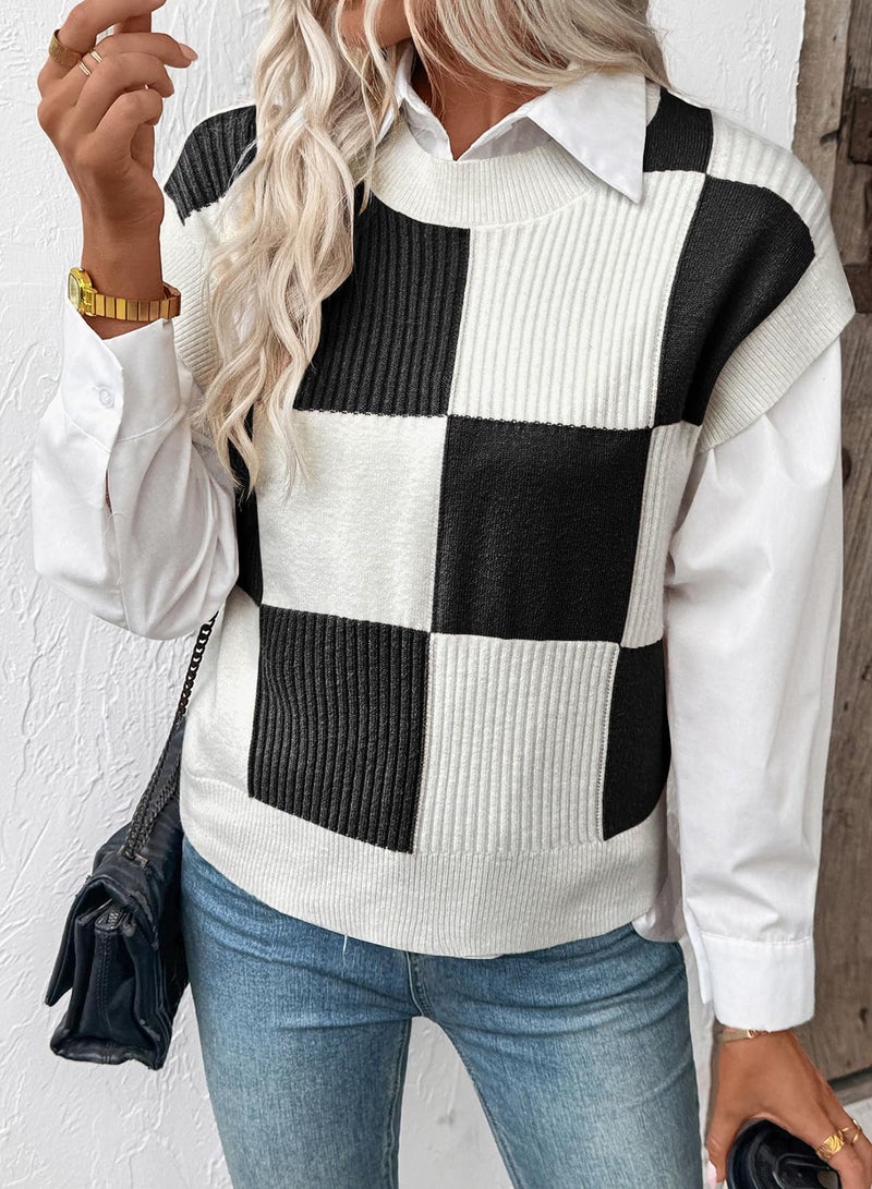 EVALESS Sweaters for Women Crew Neck Short Sleeve Color Block Knit Tops 2026 Fall Fashion Lightweight Sweater Vest Women's Work Casual Cute Going Out Clothing Black Large - Image 4