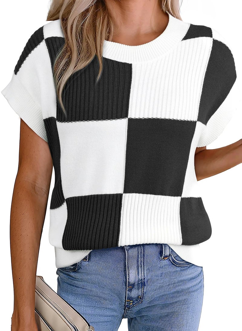 EVALESS Sweaters for Women Crew Neck Short Sleeve Color Block Knit Tops 2026 Fall Fashion Lightweight Sweater Vest Women's Work Casual Cute Going Out Clothing Black Large - Image 1